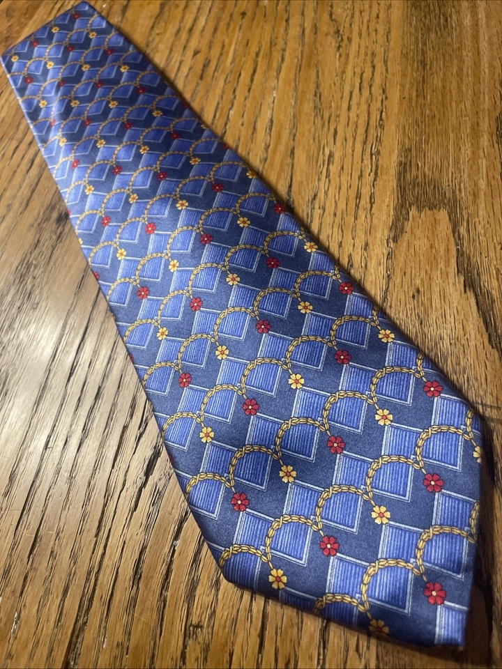 Gravata masculina de cetim floral geométrica de seda Fabergé em excelente estado usado feita à mão nos EUA - Imagem 2 de 4