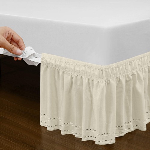 Wrap Around Elastic Bed Skirt 18 Inch Drop Ivory Queen/King Easy On/Off - Picture 4 of 6