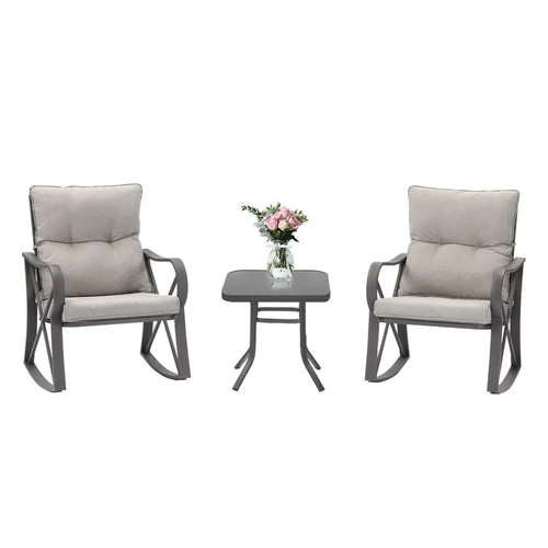 3-Piece Metal Patio Rocker Conversation Set with Grey Cushions - Picture 4 of 8