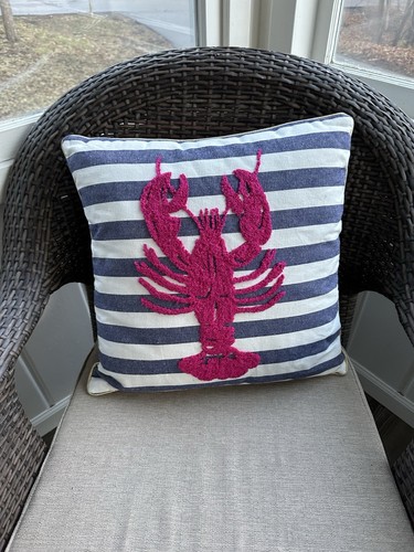 Lobster Throw Pillow Beach House Ocean Accent Navy Blue White Stripe - Coastal - Picture 4 of 4