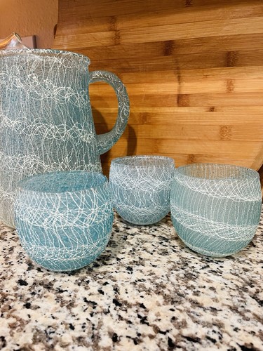 Juego de vidrios de bola baja jarra MCM llovizna cuerda espagueti artesanal color vintage aguamarina - Imagen 4 de 9