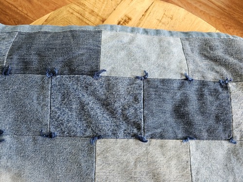 Edredón de retazos de jean de mezclilla vintage hecho a mano talla doble costero náutico preppy - Imagen 2 de 15