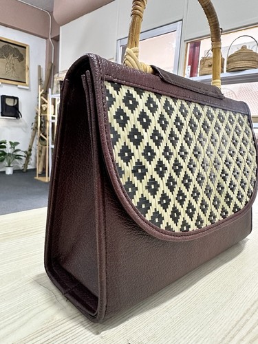 Bamboo Handbag With PU Leather - Top Handle Rattan Woven Bag Handmade Ethnic Dsg - Picture 3 of 4