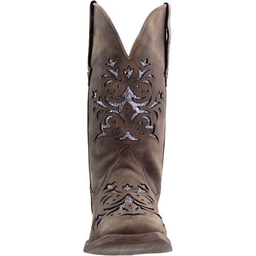Roper Kennedy Glitter Tooled Inlay Square Toe Pull On Cowboy Womens Brown Casua - Picture 5 of 7