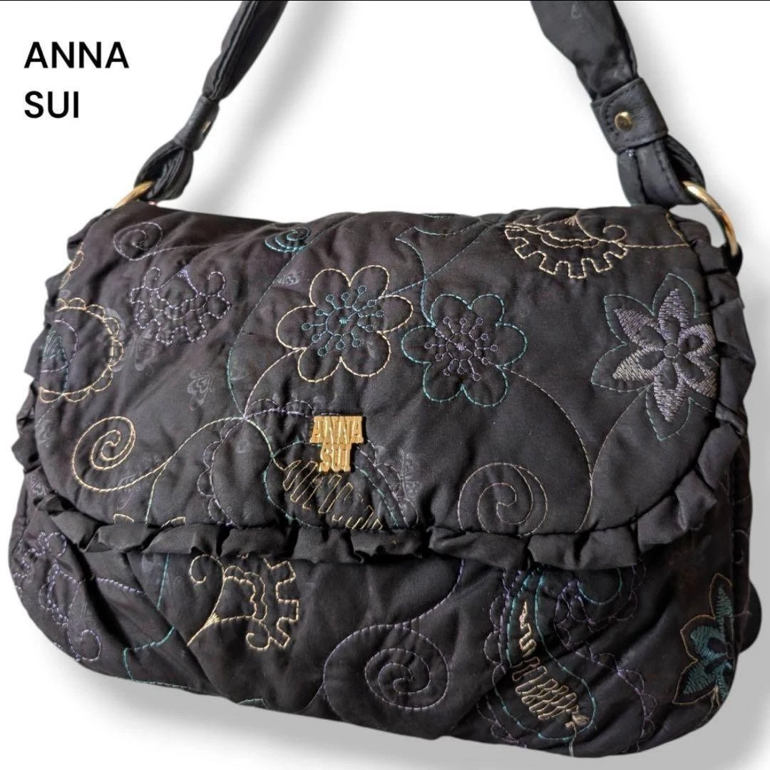 ANNA SUI 2-Way Embroidered Floral Handbag Shoulder Bag Black