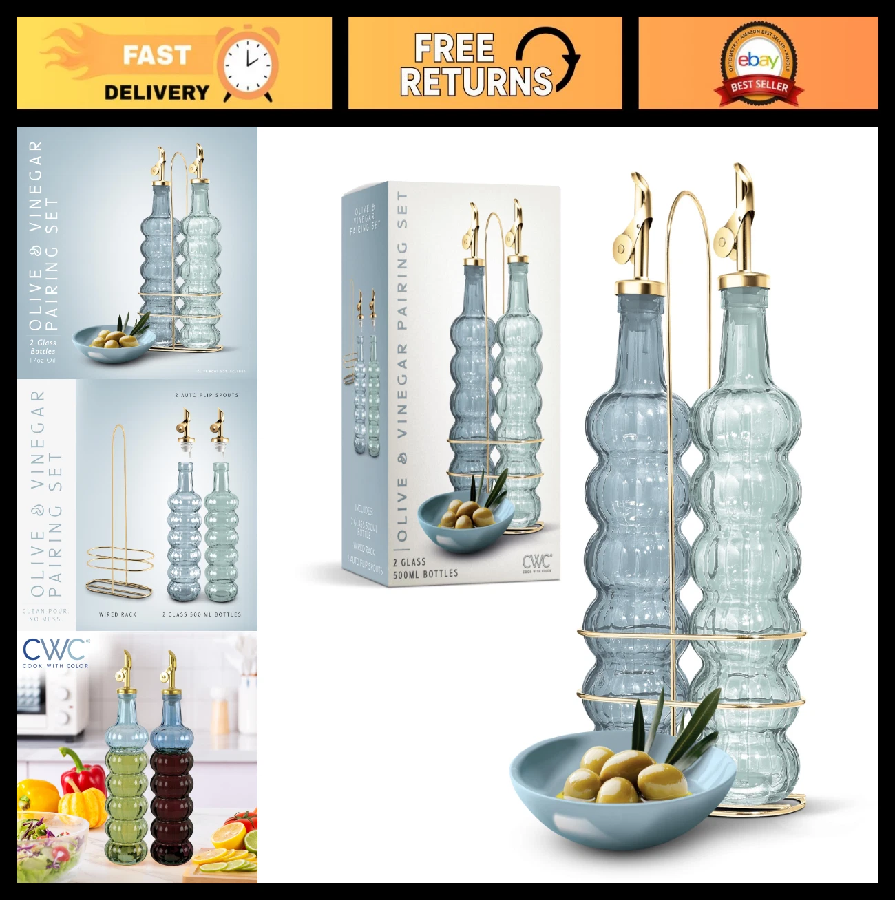 Elegant Glass Olive Oil Dispenser - 2 Pack, 17oz Oil & Vinegar Cruet, Kitchen Ca