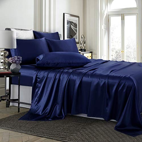 TREELY 6 Piece Satin Sheets King Size Silky Smooth Navy Blue Satin Sheet Set - Imagen 2 de 7
