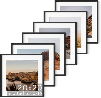Premium Black Oak 20x20 Picture Frames - Set of 6 with Mats for Wall Displays