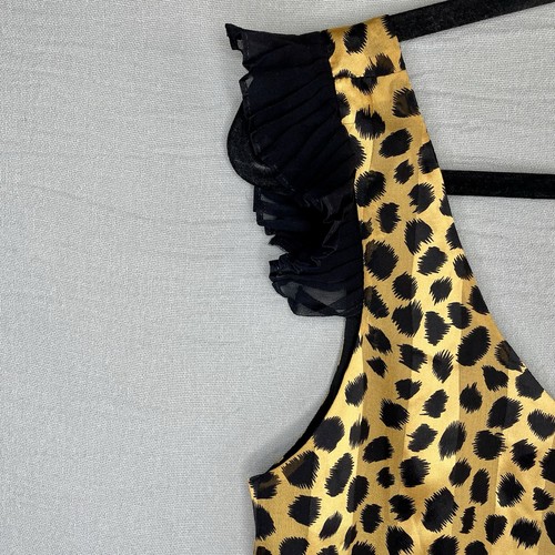 Vestido sin Mangas Miguelina M Estampado Leopardo Rayas Seda Antiguo Dorado Negro Mini Volantes - Imagen 4 de 12