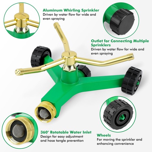 [2 Pack] 3-Arm Metal Sprinkler with Wheel Base, 360 Degree Automatic Rotary L... - Bild 3 von 7