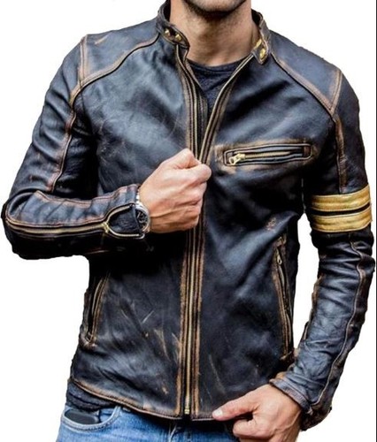 Mens Cafe Racer Golden Stripes Vintage Motorcycle Distress Leather Biker Jacket - Picture 2 of 7