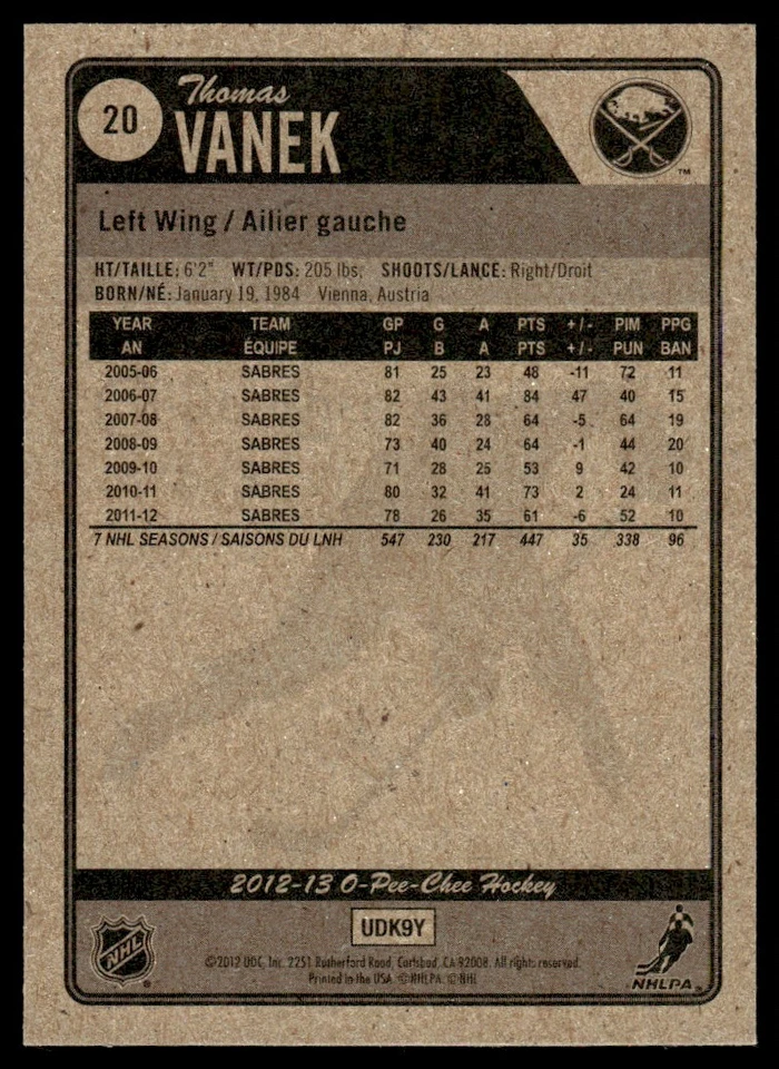 2012-13 O-Pee-Chee Red Thomas Vanek Buffalo Sabres #20 - Image 2 of 2