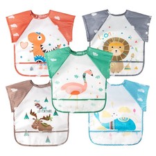 5Pcs Baby Toddler Short Sleeve Bibs Waterproof Polyester Animal Cartoon Fit 0-36