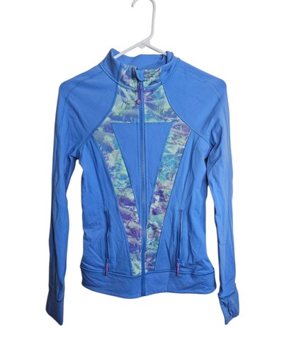 Ivivva Lululemon Perfect Your Practice Jacket Girls 14 Zip Blue Multicolor Trim - Picture 1 of 11