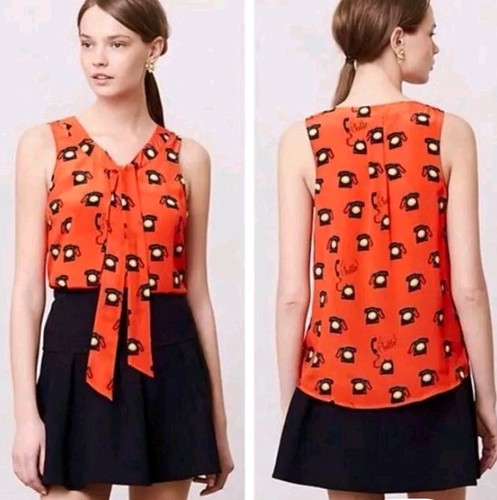 ANTHROPOLOGIE MAEVE Sz 6 Red Silk Ring True Shell Top Telephone Print - Picture 2 of 18