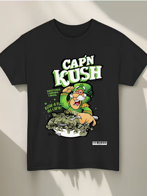 Cap'n Kush Unisex Softstyle T-Shirt   Black Casual Graphic Tee with Playful Leaf