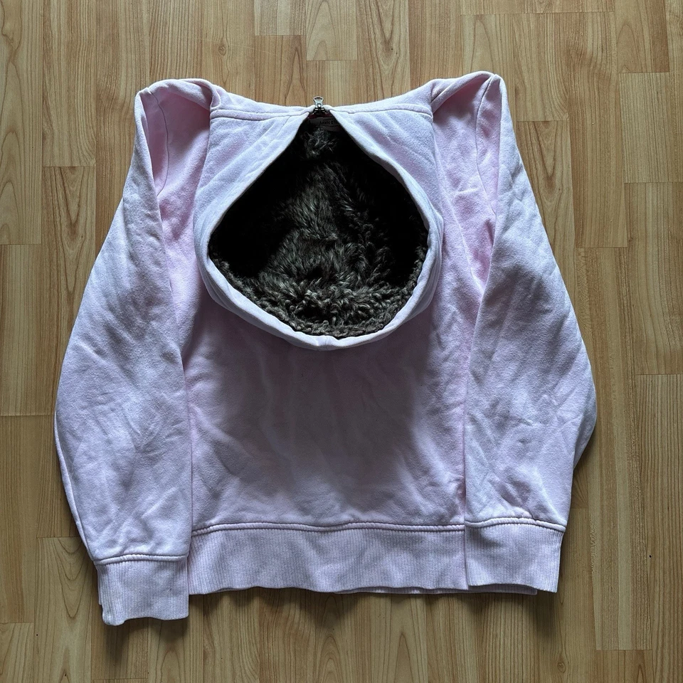 复古 Y2K 女式必备罕见浅粉色旧海军蓝毛皮衬里连帽衫 XL 码! — 第 3/4 张图片