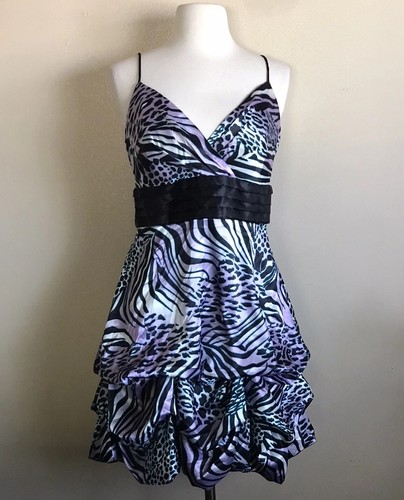 Vintage Roberta Zebra Print Satin Bubble Hem Dress Junior Size 13/14 Purple Y2K
