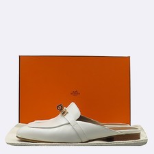 Hermes White Leather Rose Gold Lock Decor Oz Mules - 37
