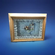 Vintage Framed Shadow Box Floral Toilet Picture w/ Lace Edging Decor