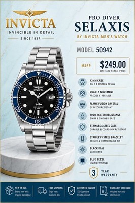 Invicta Pro Diver Selaxis Men's 43mm Quartz Blue Bezel Black Dial Date 100m