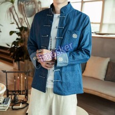 Retro Mens Chinese Style Jacket Button Stand Collar Casual Cotton Linen Coat