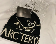 Arc'teryx NWT Merino Wool Beanie Black Beige Bird Logo Outdoor Winter Unisex Hat
