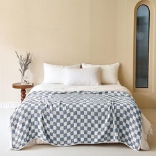 6-Layer Gauze Muslin Blanket 100 Cotton Blue Checkerboard Queen Size 90"x90"...