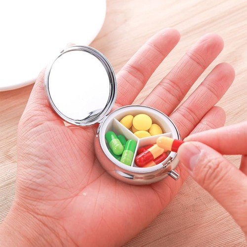 Round Metal Pill Box 3 Compartments Medicine Tablet Holder Portable Pill Case - Picture 13 of 21
