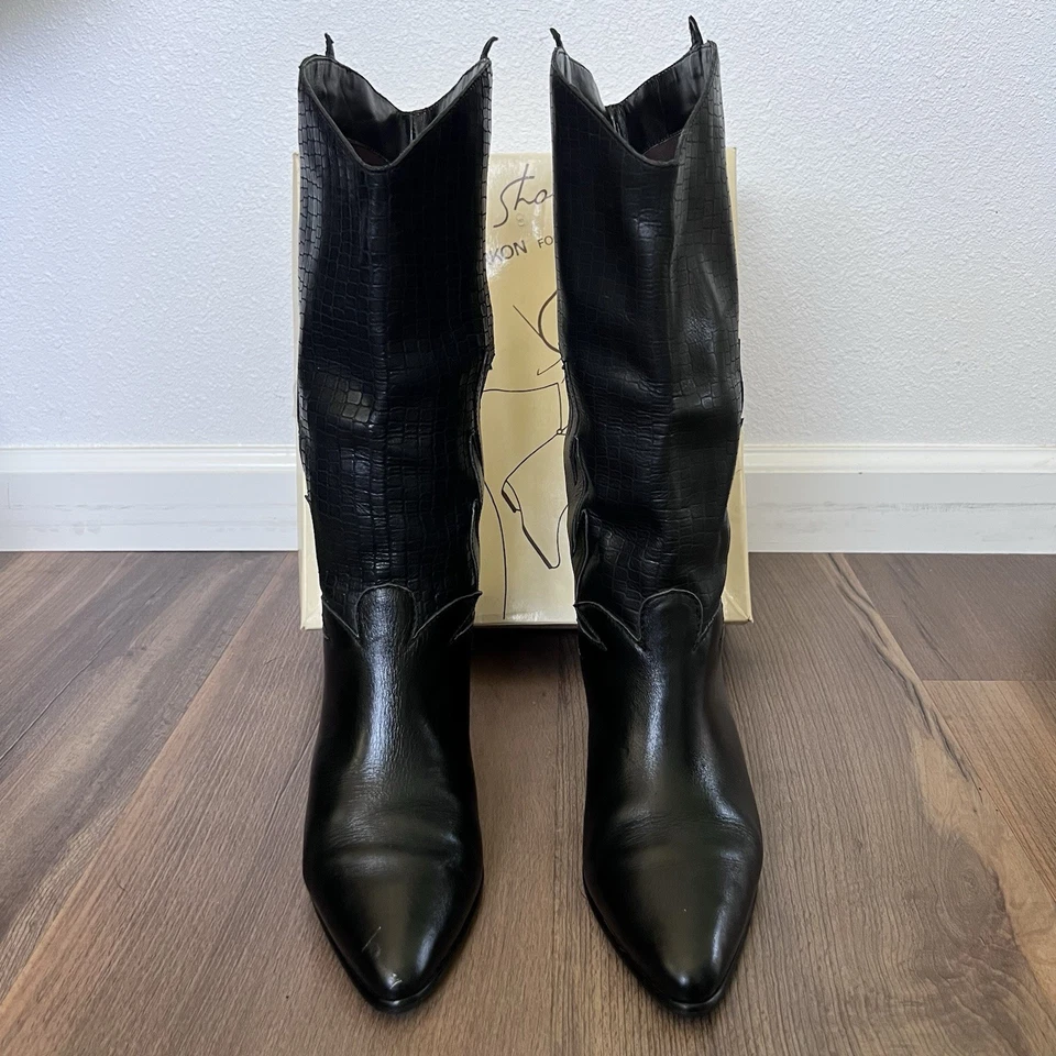 Botas de tacón occidental de cuero negro Mister Shoes de Markon vintage talla 8B Foto 2 de 4