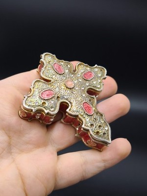 Vintage Enamelled Bejeweled Cross Trinket Box | Crystal Inlaid Hinged Jewelry