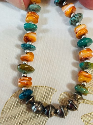 Sterling NAVAJO Pearl Turquoise Spiny Oyster Bench Beads Necklace VTG Silver 20" - Picture 4 of 7