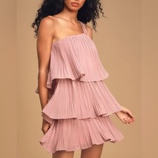 Lulus Dusty Pink Blowing Kisses Pleated One Shoulder Mini Dress Size Large NWT