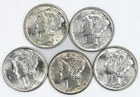 1935 1939 1940 1943 1944 BU UNC Mercury Dimes Silver 10c Lot of 5