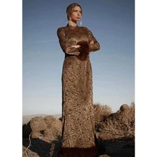 Victor Costa Gold Brocade Gown Fox Fur Cuffs Vintage Couture Evening Dress S/M