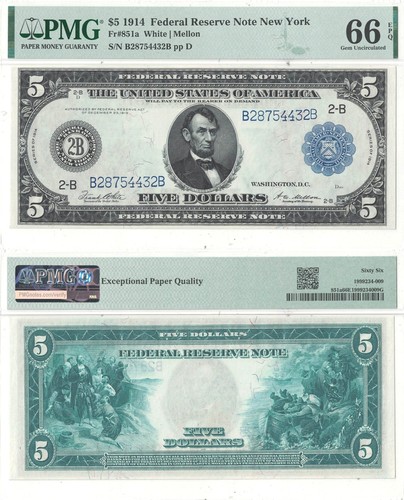 Billete de 5 dólares de la Reserva Federal de 1914 Fr-851a PMG-66 EPQ - Imagen 1 de 3