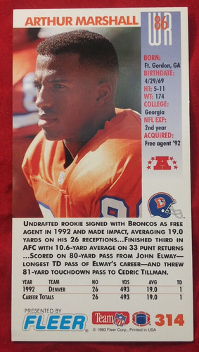 1993 GameDay Football Card #314 Arthur Marshall - Picture 6 of 11