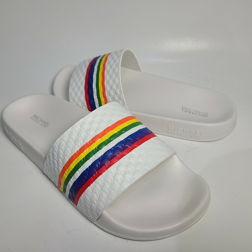Michael Kors Women Slide Sandals MK Gilmore white rainbow logo Pool PU sz 8 new - Picture 2 of 7