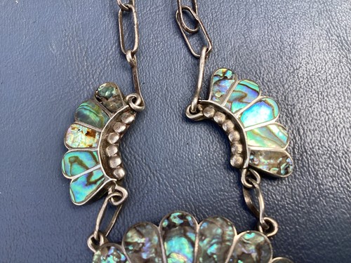 ZUNI STERLING SILVER ABALONE MULTI STONE INLAY SUN FACE NECKLACE - Picture 10 of 11