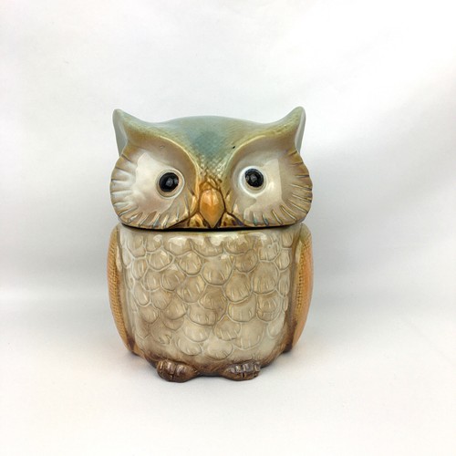 Ceramic Owl Cookie Candy Jar Glazed Green Tan Brown 6.5" Tall Country Farmhouse