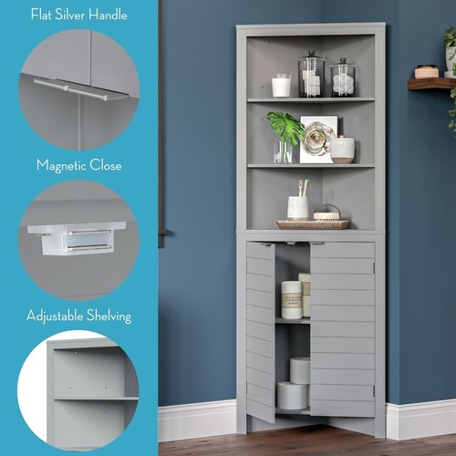 Tall Corner Storage Cabinet W/ Open Shelves Enclosed Cupboard Adjustable Gray US - Picture 6 of 9