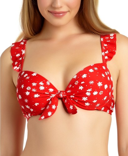California Waves RED DITSY Ruffle Underwire Push-up Bikini Swim Top, US Large