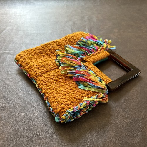 Handmade Crocheted Fabric Lined Hand Held Purse Lucite Handles Fringe Gold Blue - Picture 8 of 10