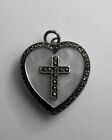 Sleek Mother Of Pearl Heart Open Locket Religious Cross Sterling Silver Pendant