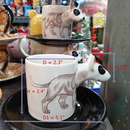 2oz Set Espresso Coffee Cup and Saucer Ceramic Dog Bull Terrier Pattern Handle - Picture 11 of 11