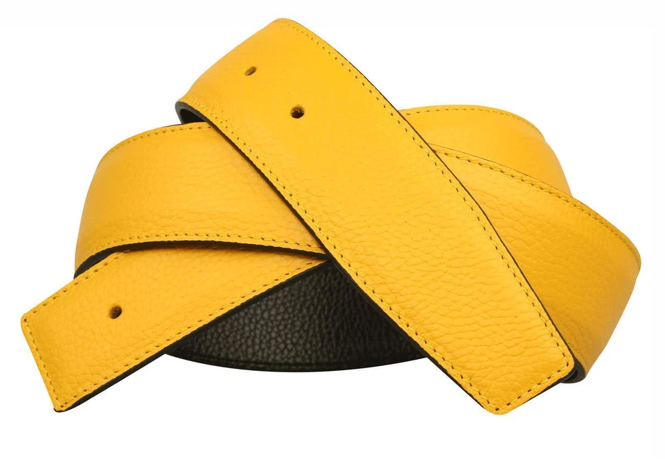 Correa de cuero reversible 100% calidad amarillo negro H sin hebilla 32 mm Foto 3 de 4