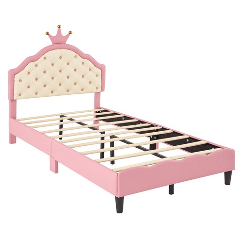 Twin Size Crown Princess Bed Frame PU Faux Leather Headboard Wooden Slatted Pink - Bild 5 von 14