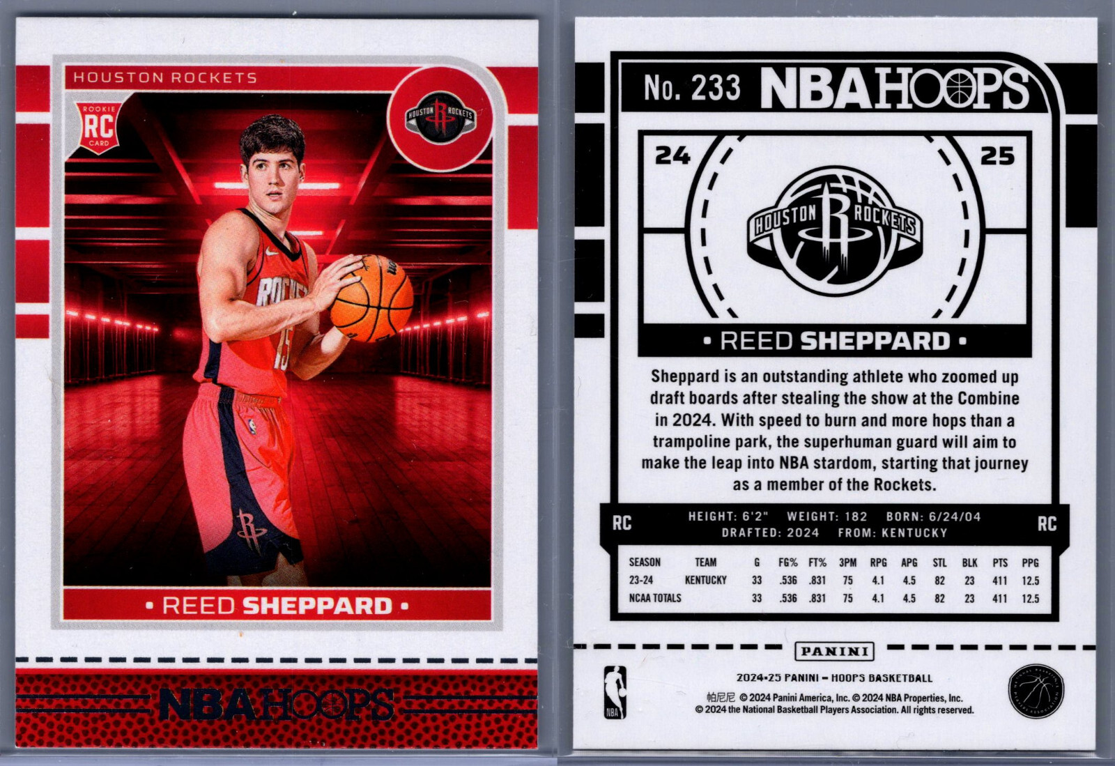 2024-25 Panini NBA Hoops #233 Reed Sheppard RC Houston Rockets Rookie