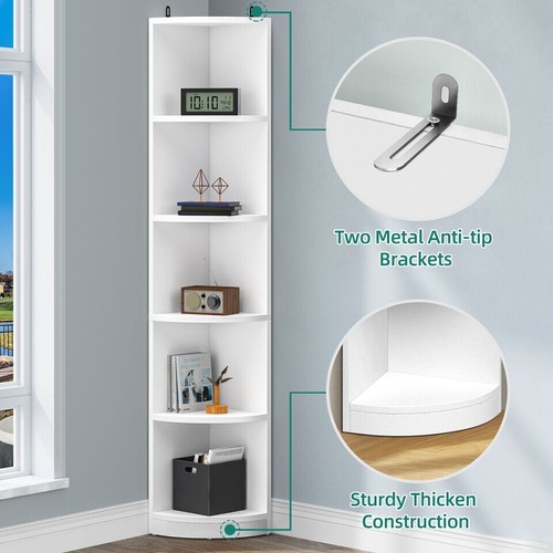 Modern Bookcase Bookshelf 5-Tier Corner Shelf 71" Tall Open Storage Rack, White - Picture 5 of 9