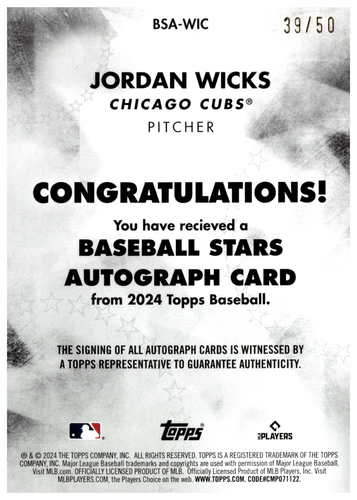 Jordan Wicks RC /50 - 2024 Topps Baseball Stars Autographs Gold #BSAWIC - Picture 2 of 2